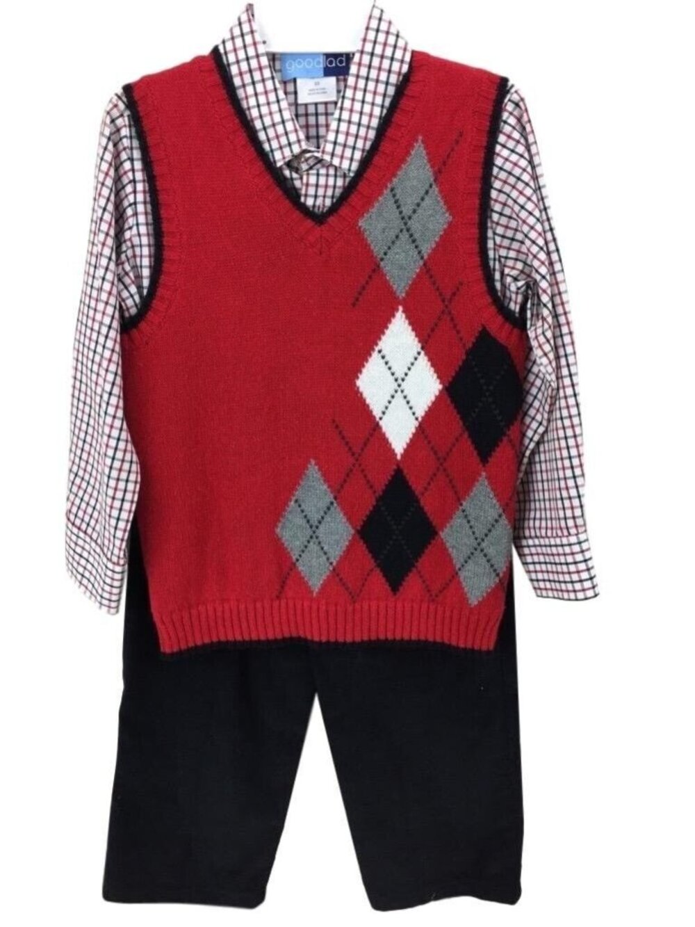 Boys Goodlad 3-Piece Argyle Sweater Vest Set Size 5/6 Red Plaid Shirt & Black Pa